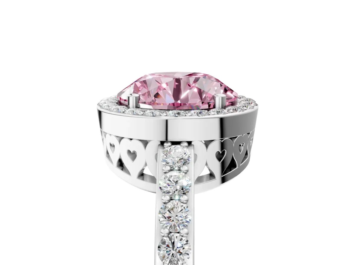 Fancy Pink Round Cut Halo Diamond Pavé Band Ring with Prong Setting Platinum