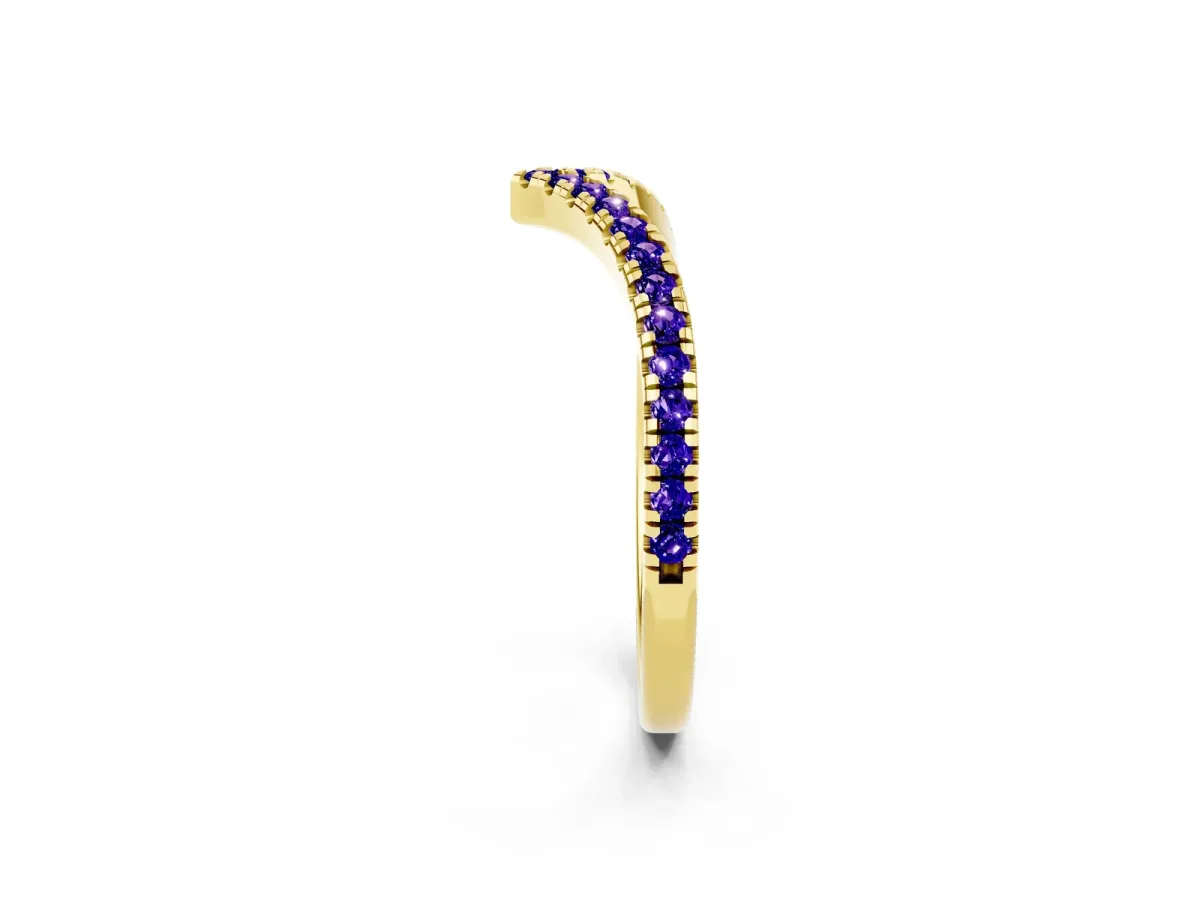 Pavé Round Tanzanite V-Shaped Chevron Band with Shared Prong Setting Yellow gold