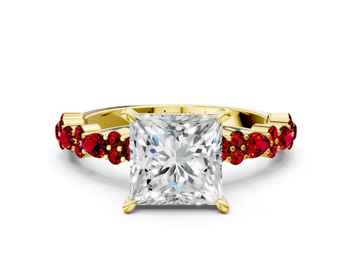 Princess Cut Diamond Side Stone Solitaire Ring with Round Ruby and Four-Prong Setting Yellow gold