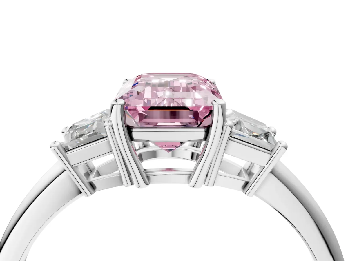 Fancy Pink Emerald Cut Diamond Three-Stone Ring with Trapezoid Side Stones and Prong Setting Silver