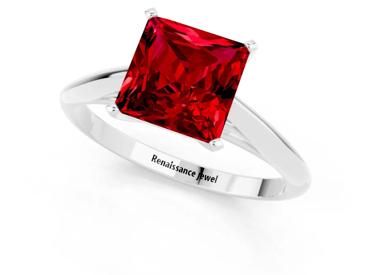 Princess Cut Ruby Solitaire Engagement Ring with Cathedral Setting and Four-Prong Mount White gold