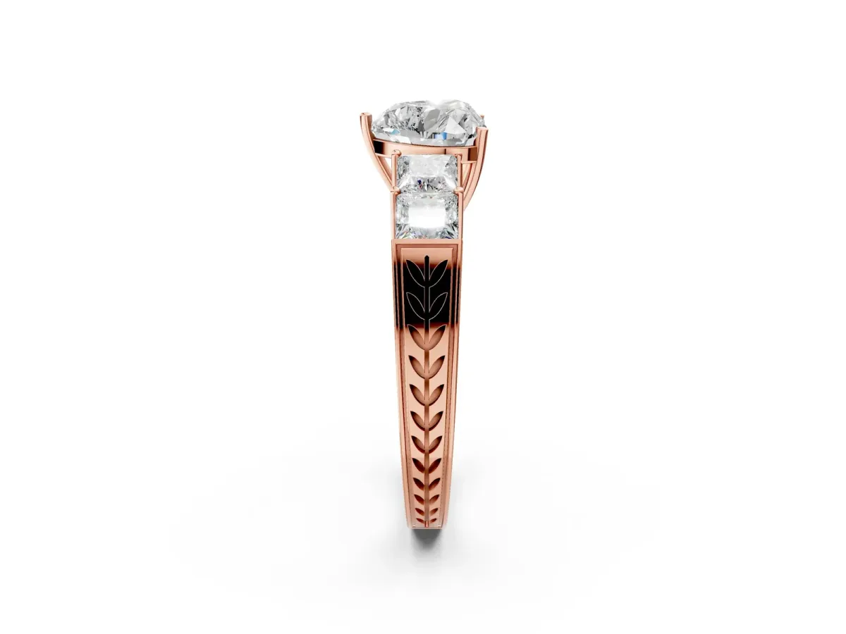 Heart Cut Solitaire Princess Side Stone Engraved Band Prong Setting Ring Rose gold