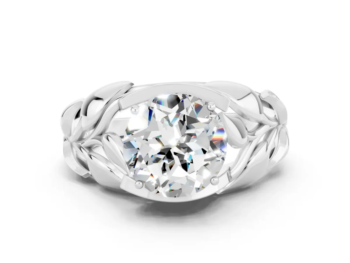 Round Cut Moissanite Leaf-Inspired Engagement Ring with Round Accents and Prong Setting Silver