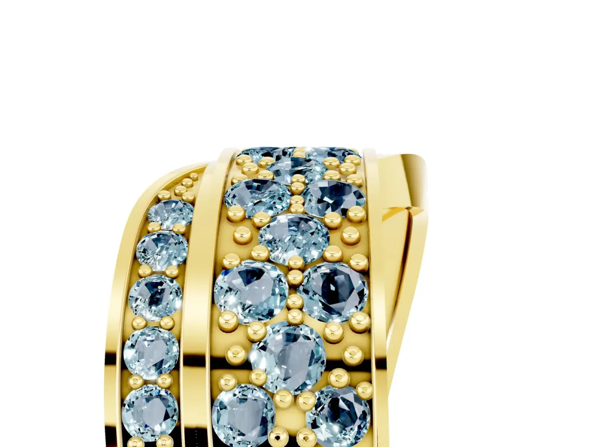 Pavé Round Aquamarine Crossover Band with Bead Prong Setting Yellow gold