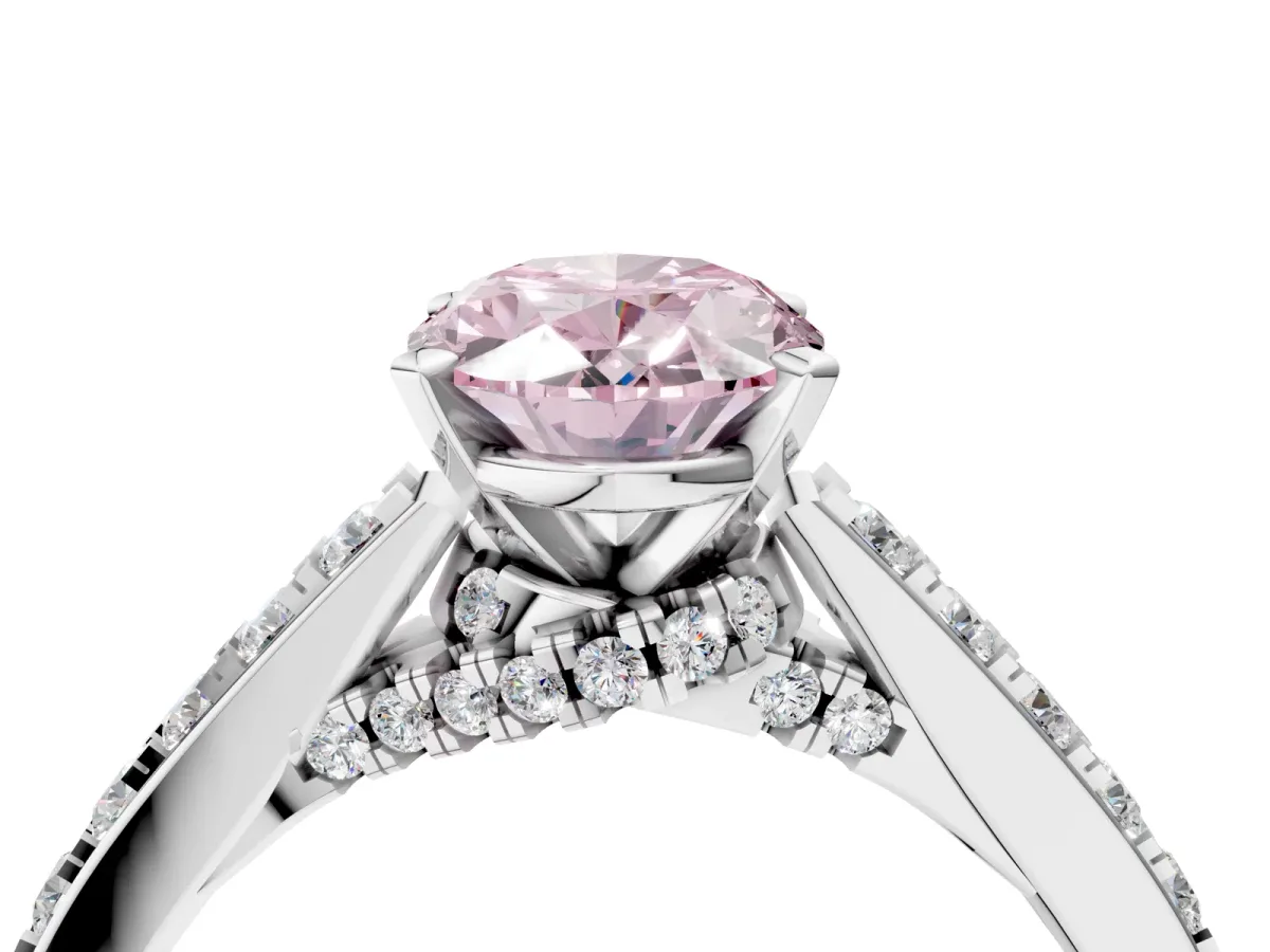 Fancy Pink Oval Cut Diamond Solitaire Ring with Crossover Gallery and Round Pavé Band Silver