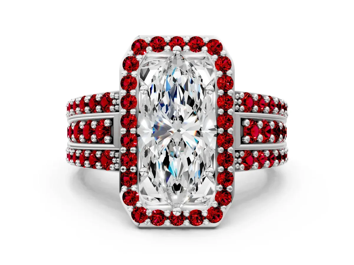 Marquise Cut Halo Diamond Ring with Round Ruby Split Shank and Prong Setting White gold
