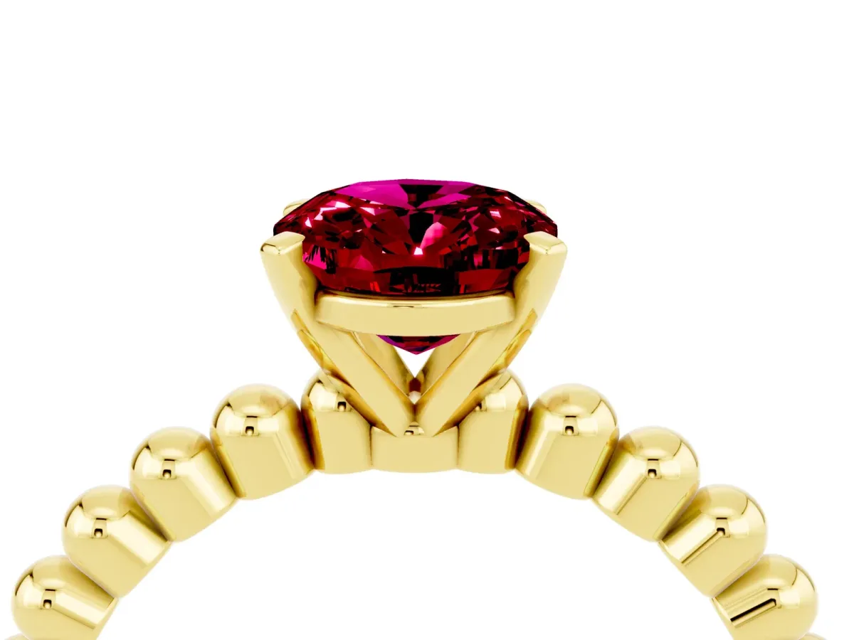 Oval Cut Garnet Solitaire Ring with Beaded Band and Prong Setting Yellow gold