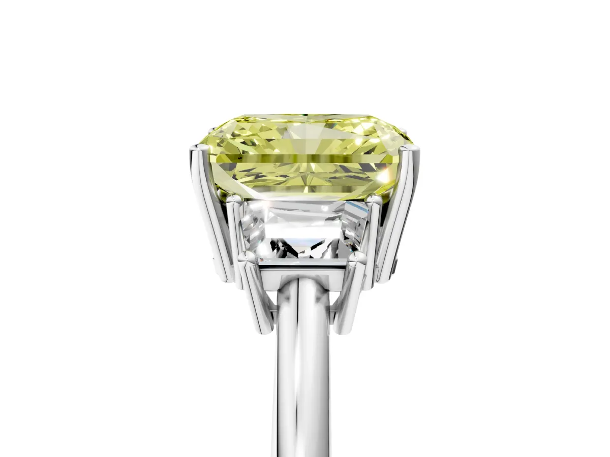 Fancy Yellow Radiant Cut Diamond Three-Stone Ring with Trapezoid Side Stones and Prong Setting Silver