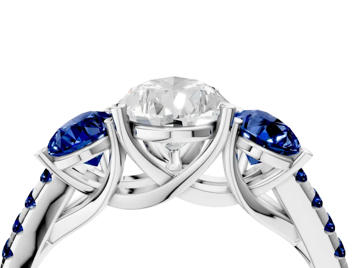 Three-Stone Pear Cut Diamond Ring with Round Blue Sapphire Pavé Band and Prong Setting Silver