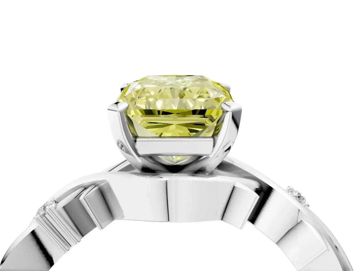 Fancy Yellow Radiant Cut Diamond Solitaire Ring with Twisted Band and Prong Setting Silver