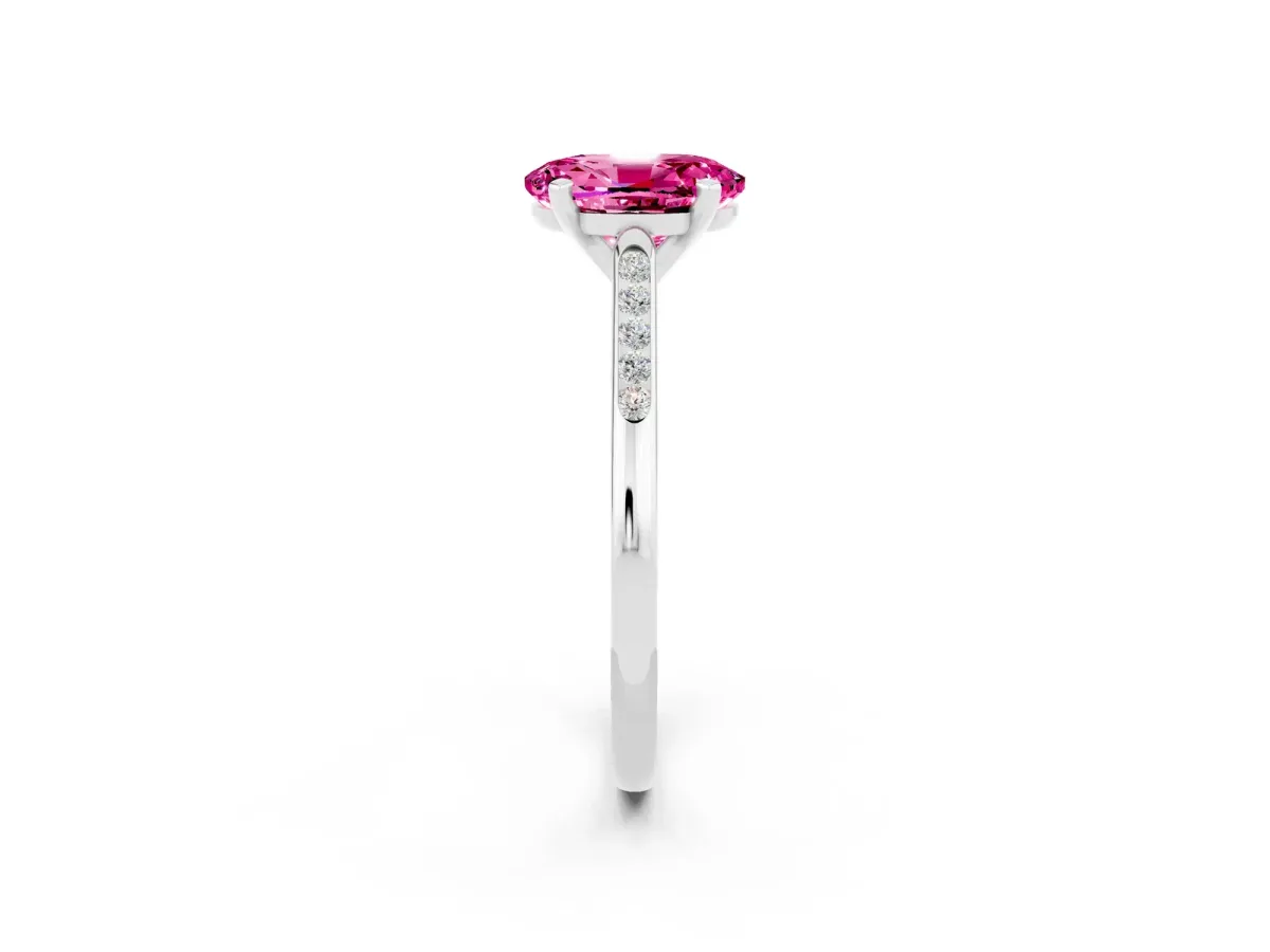 Oval Cut Pink Sapphire Solitaire Ring with Channel Set Round Band and Prong Setting Silver