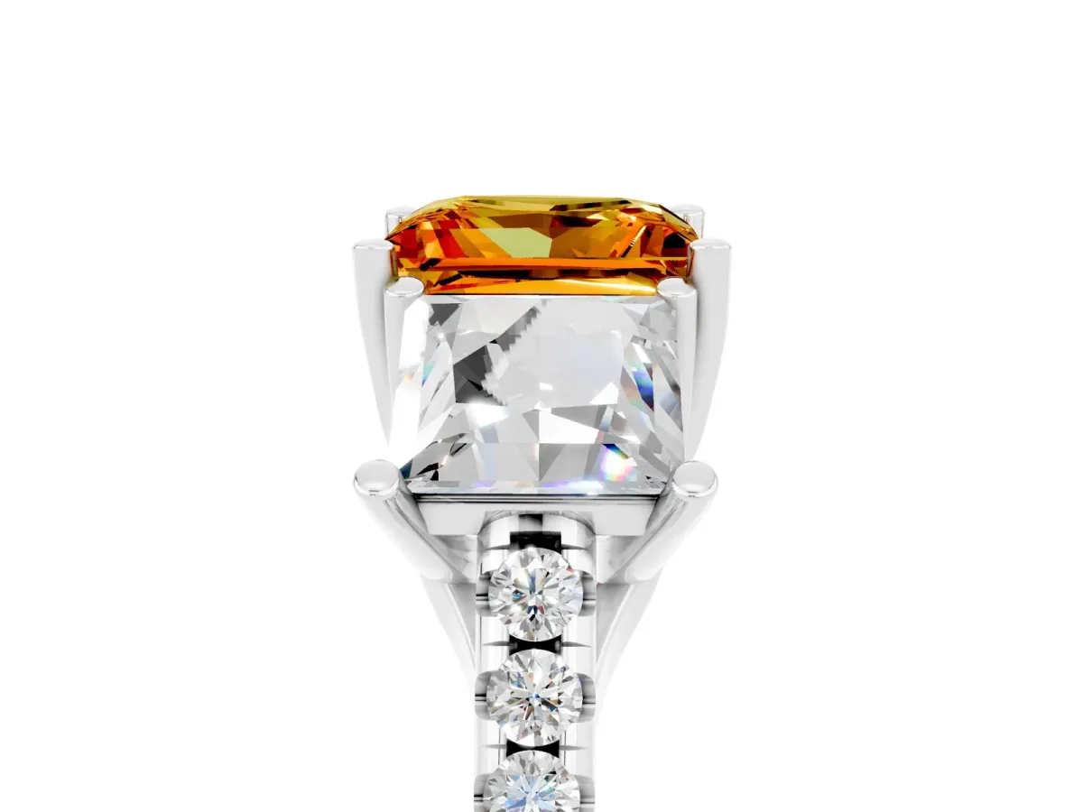 Three-Stone Princess Cut Citrine Ring with Round Pavé Band and Prong Setting Silver