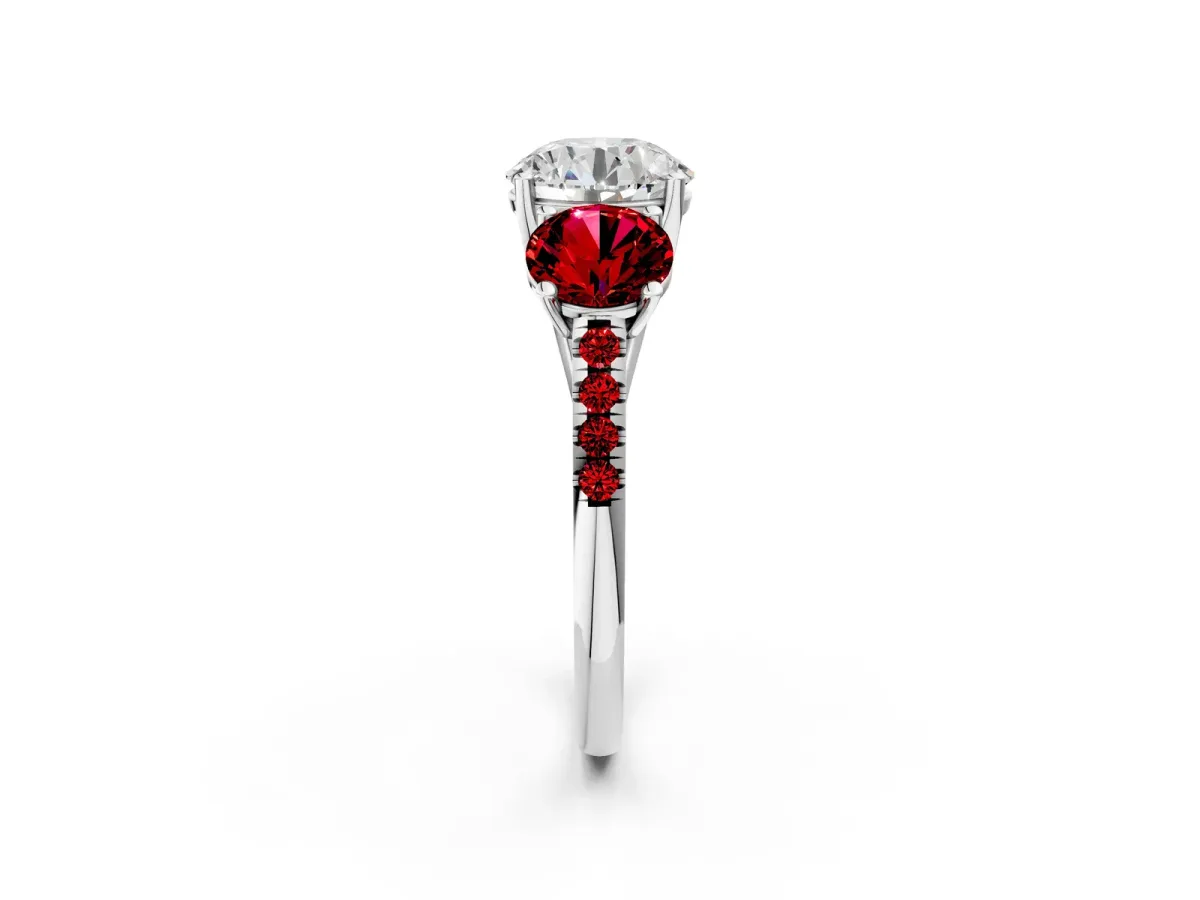 Three-Stone Round Cut Diamond Ring with Round Ruby Pavé Band and Prong Setting Silver