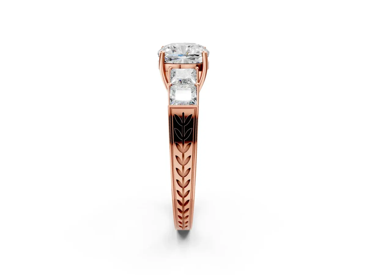 Cushion Cut Solitaire Princess Side Stone Engraved Band Prong Setting Ring Rose gold