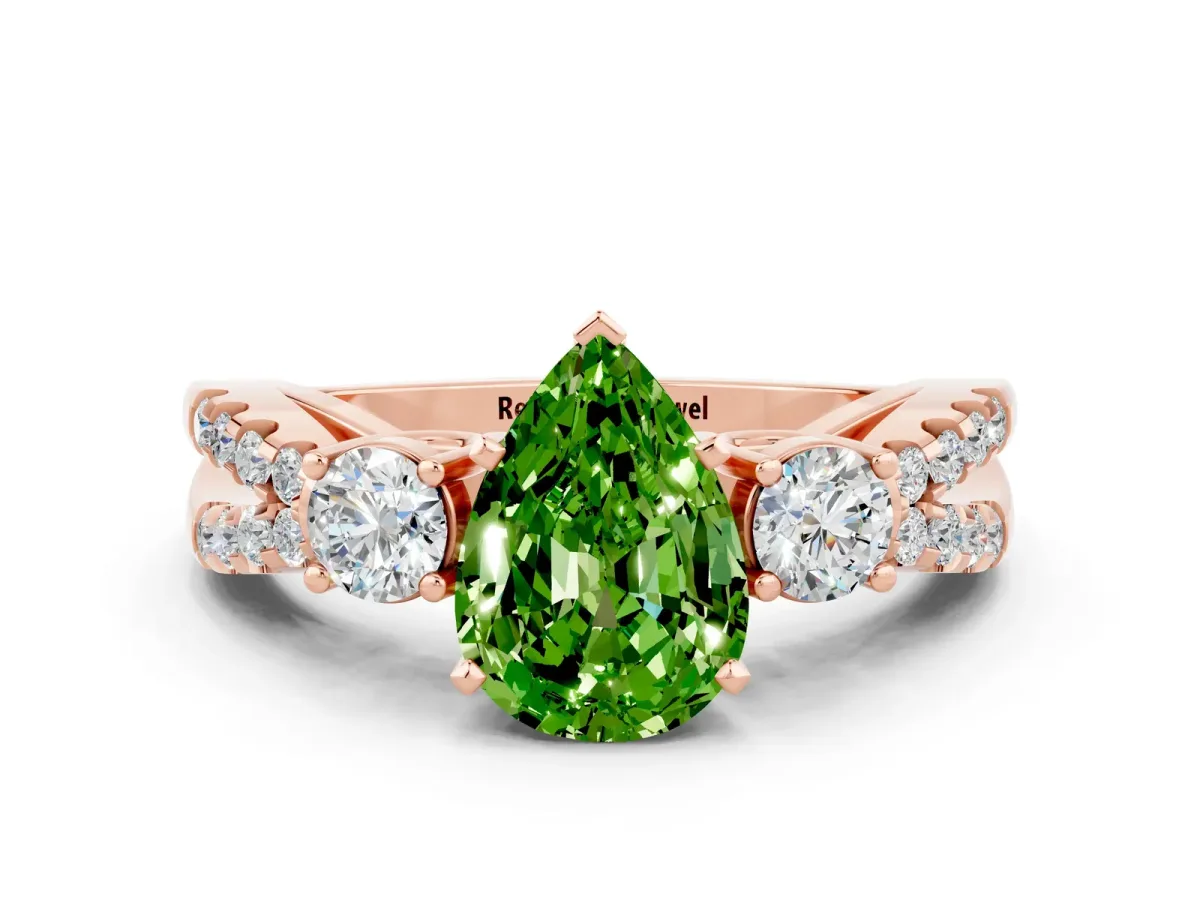 Pear Cut Peridot Three-Stone Ring with Pavé Split Shank and Four-Prong Setting Rose gold