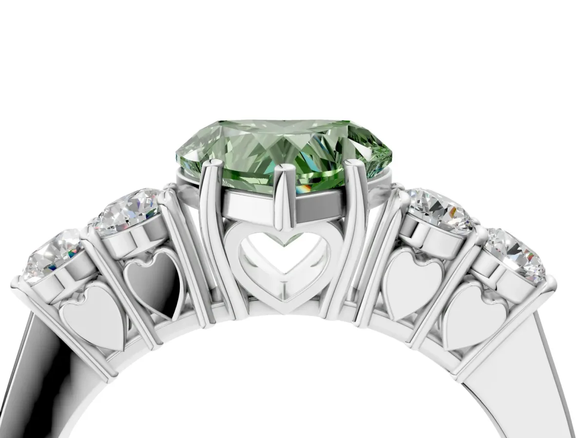 Fancy Green Heart Cut Cut Diamond Five-Stone Prong Set White Gold Ring Platinum