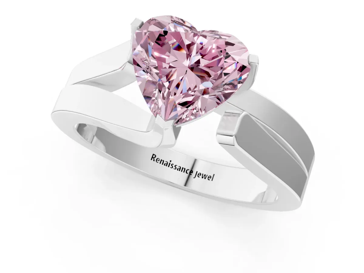 Fancy Pink Modern Tension Set Heart Cut Diamond Solitaire Wide Band Ring Silver