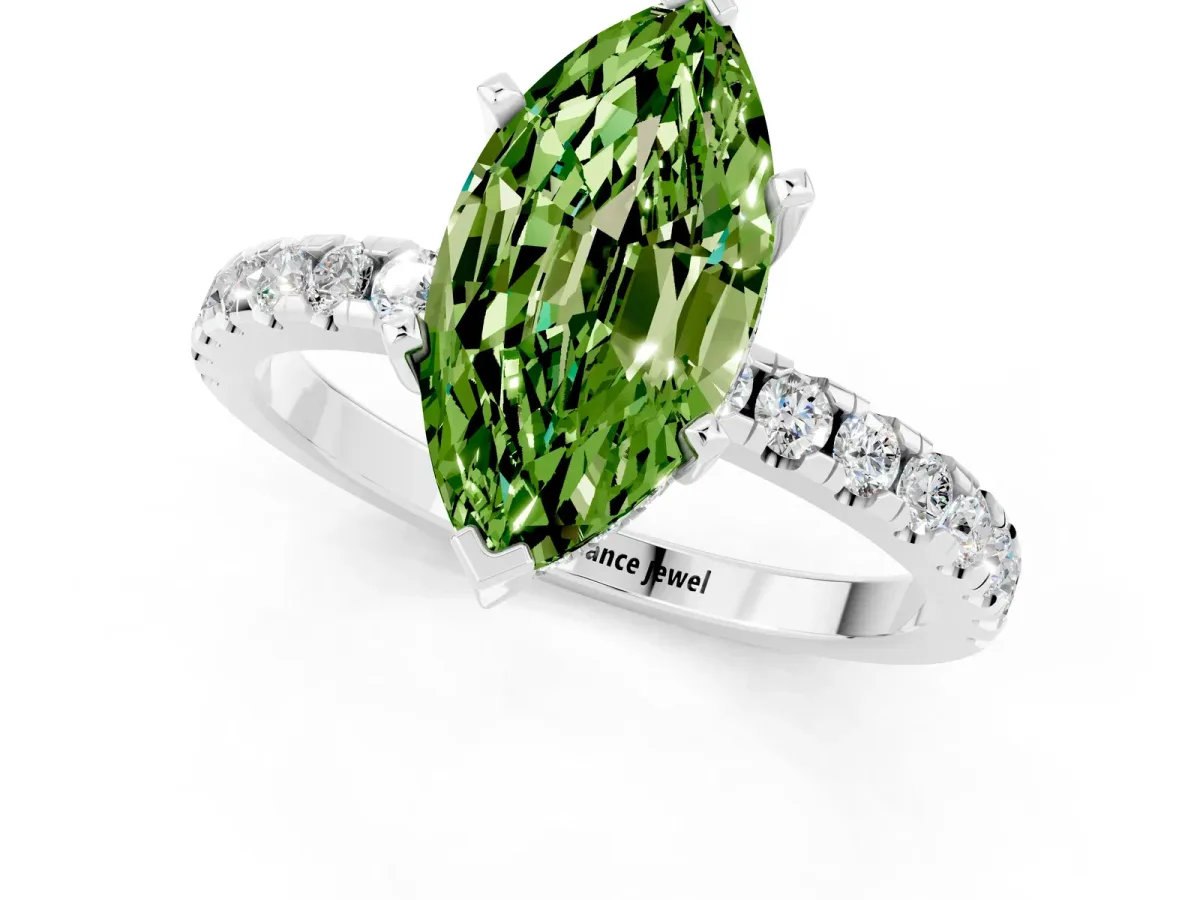 Marquise Cut Peridot Solitaire Ring with Round Pavé Band and Four-Prong Setting Silver
