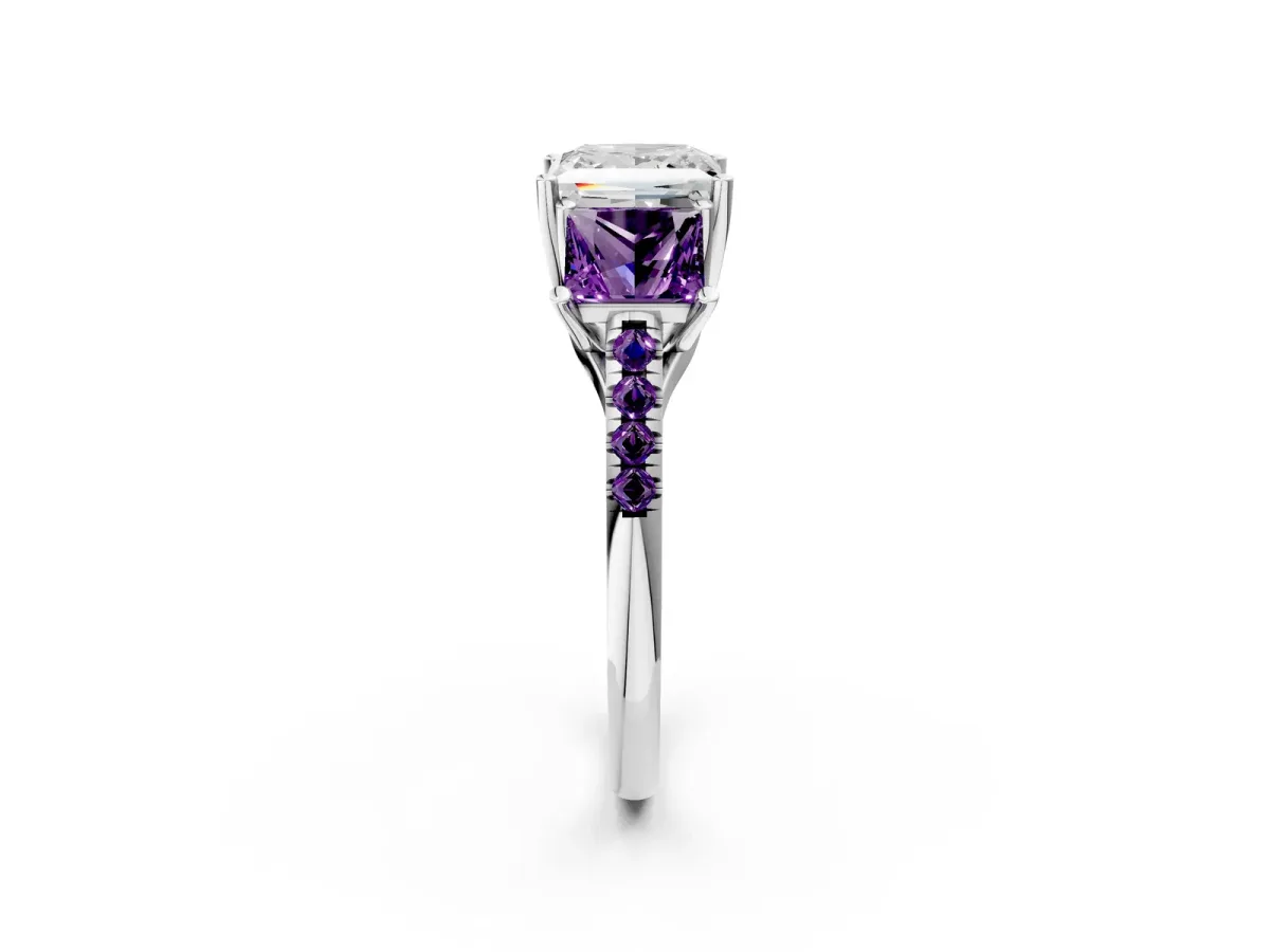 Three-Stone Princess Cut Diamond Ring with Round Amethyst Pavé Band and Prong Setting Platinum