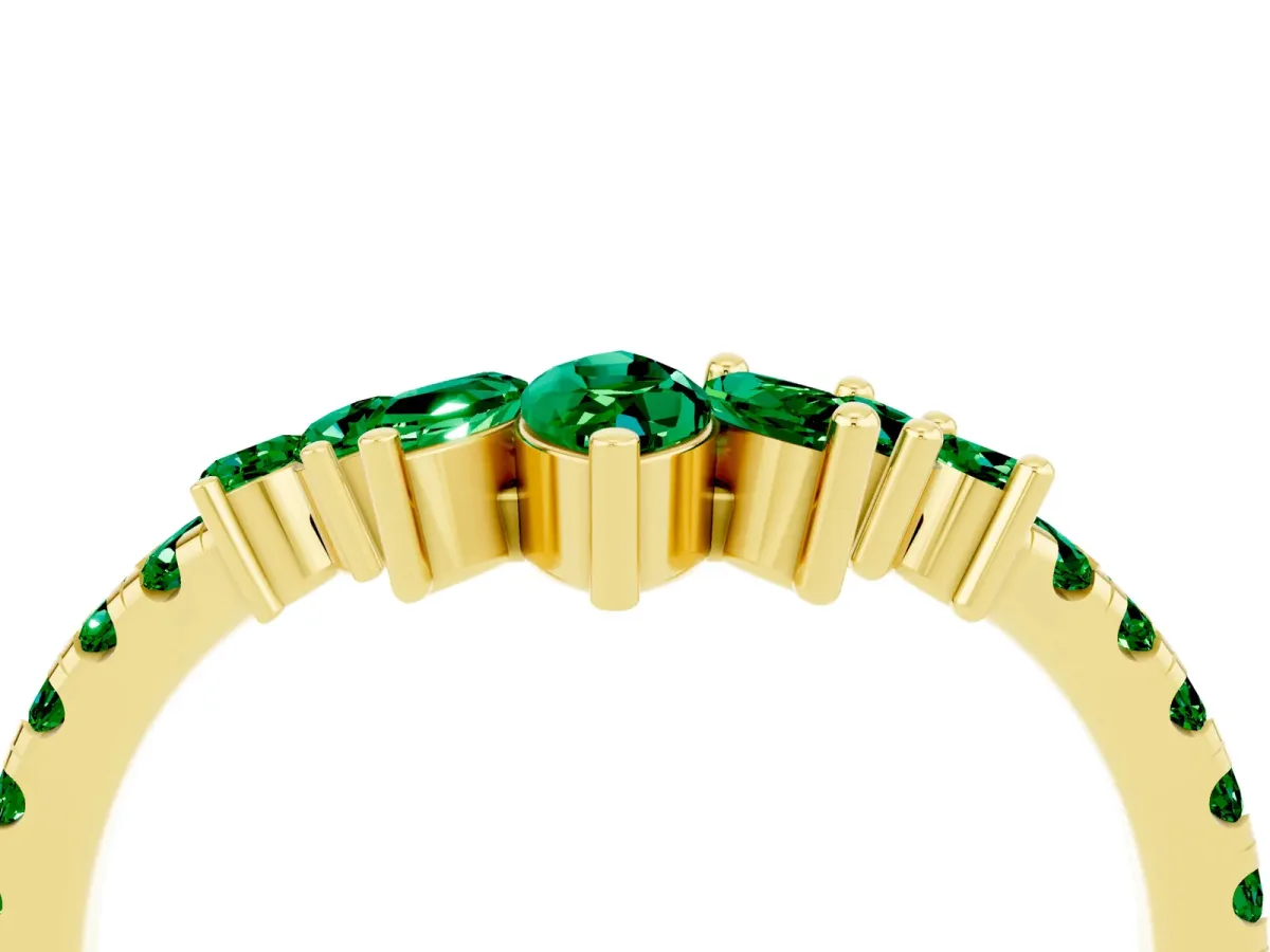 Chevron Marquise and Round Emerald Open Band with Prong Setting Yellow gold