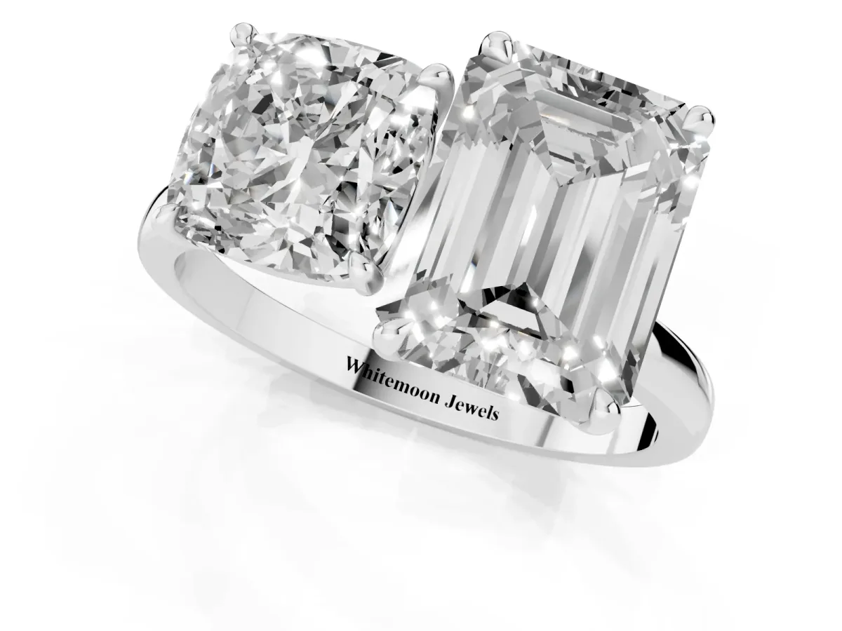 Cushion Cut and Emerald Cut Toi Moi Ring with Prong Setting Platinum