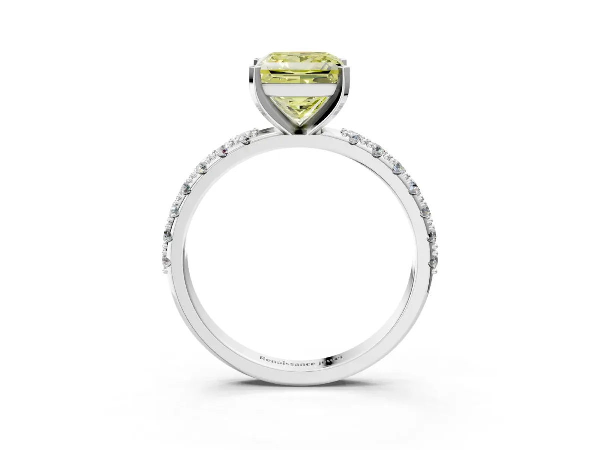 Fancy Yellow Princess Cut Diamond Solitaire Pavé Band with Four-Prong Setting Silver