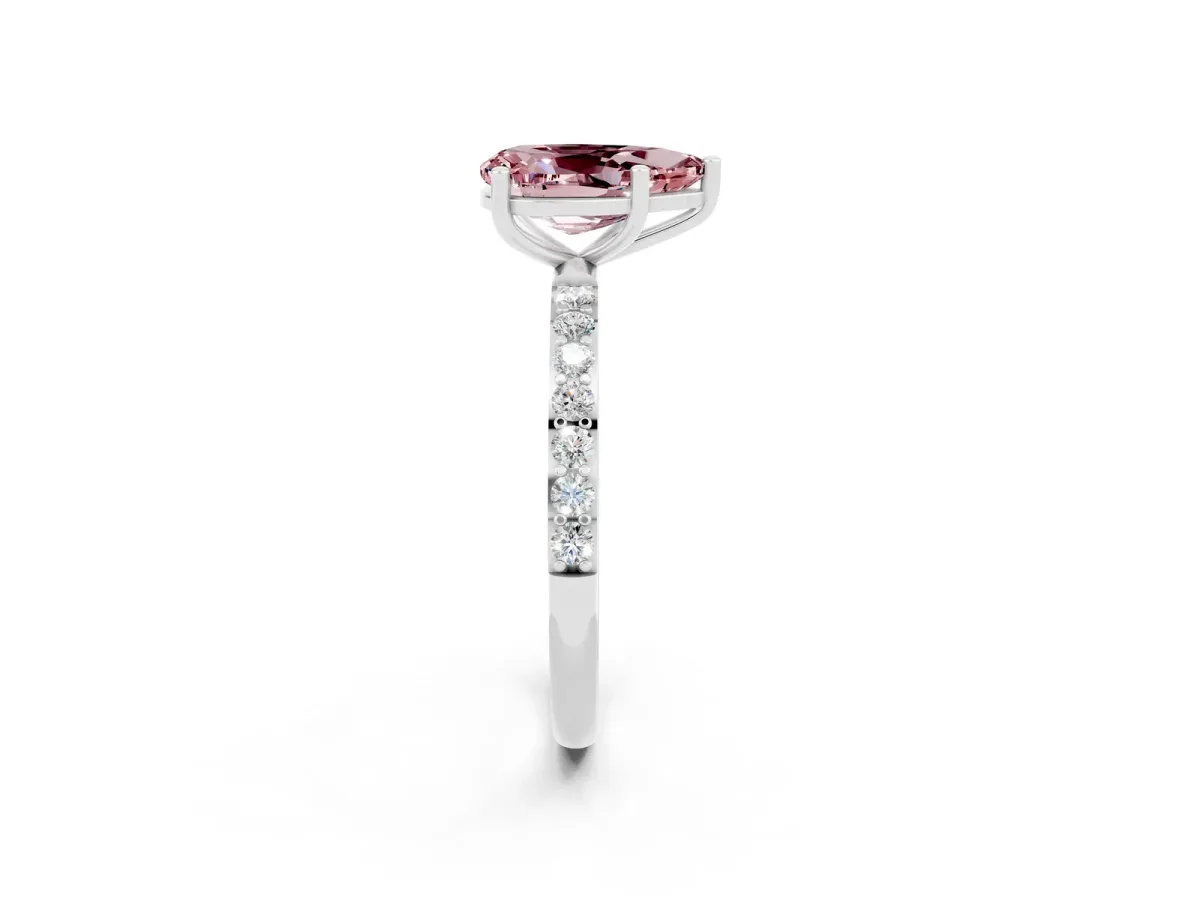 Pear Cut Morganite Solitaire Ring with Round Pavé Band and Prong Setting Platinum