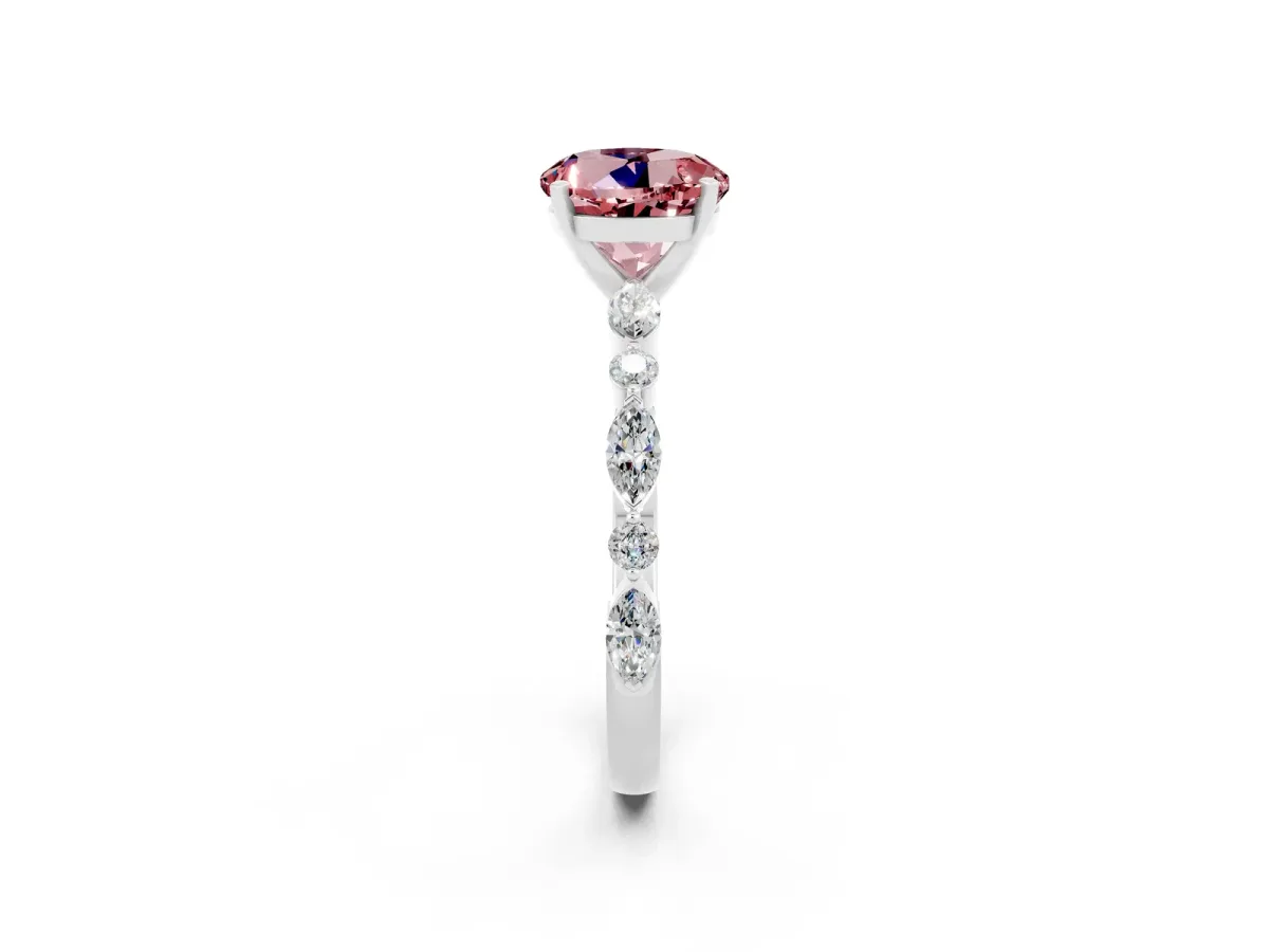 Round Cut Morganite Ring with Marquise and Round Side Stones and Four-Prong Setting Silver