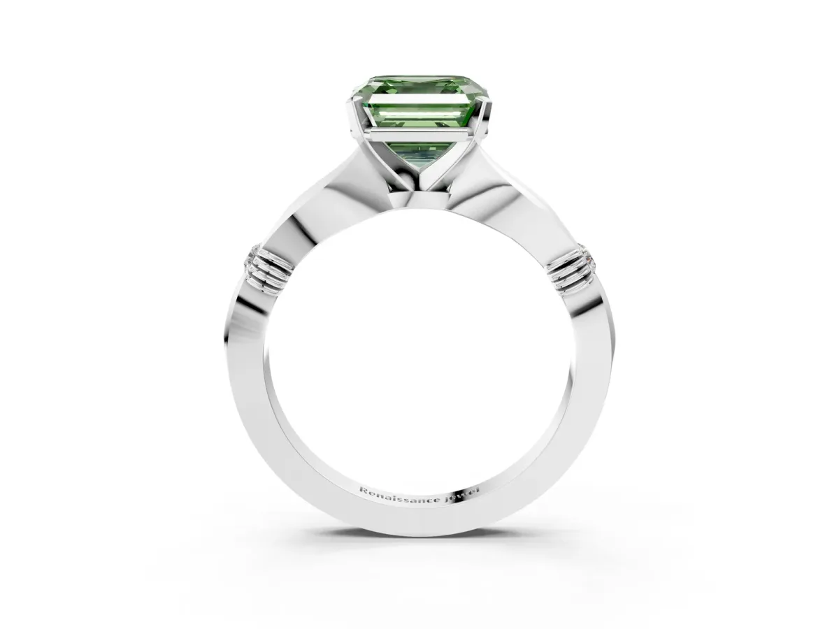 Fancy Green Asscher Cut Solitaire Diamond Twisted Band with Four-Prong Setting Platinum