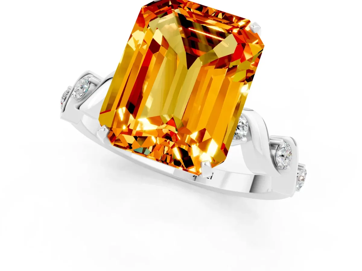 Emerald Cut Citrine Solitaire Twisted Band with Round Accents and Prong Setting Silver