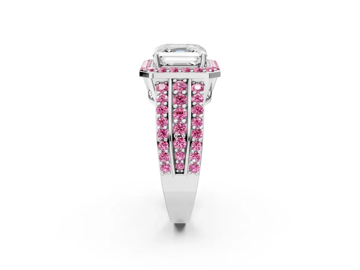 Asscher Cut Halo Diamond Ring with Round Pink Sapphire Split Shank and Prong Setting Silver