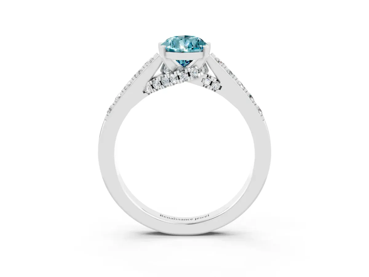 Pear Cut Blue Topaz Solitaire Ring with Crossover Gallery and Round Pavé Band Silver
