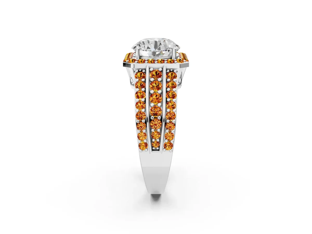Round Cut Halo Diamond Ring with Round Citrine Split Shank and Prong Setting Platinum