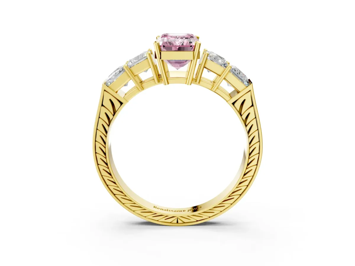 Fancy Pink Emerald Cut Solitaire Princess Side Stone Engraved Band Prong Setting Ring Yellow gold