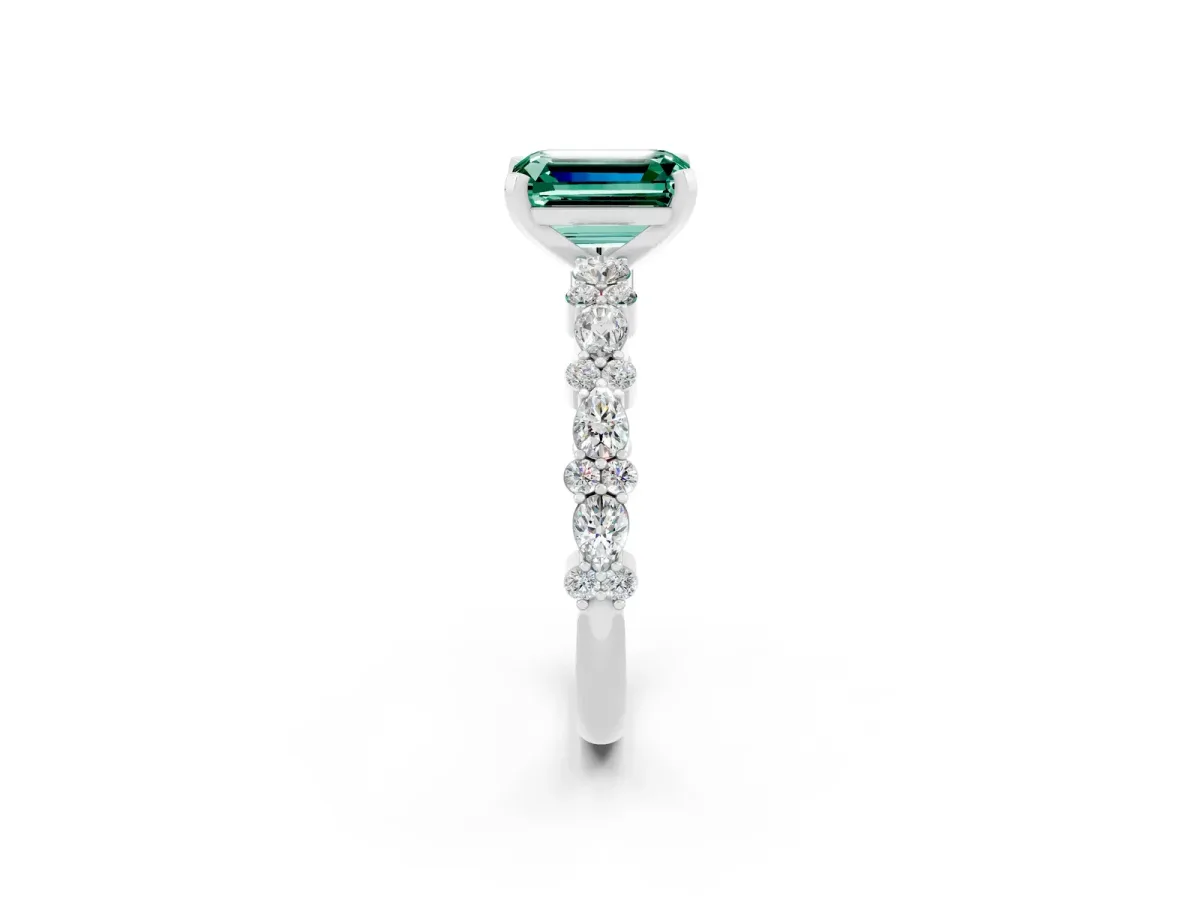Emerald Cut Green Sapphire Side Stone Solitaire Ring with Round and Four-Prong Setting White gold
