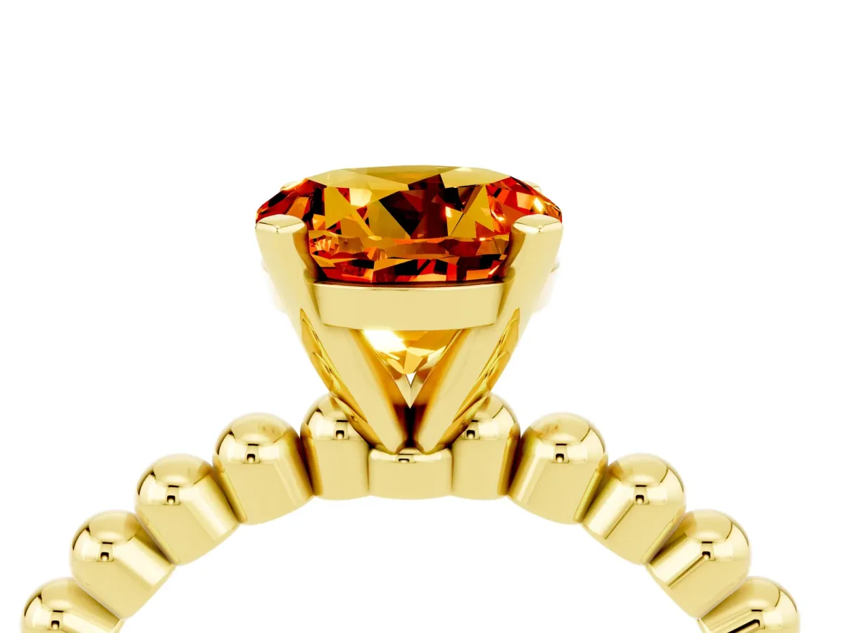 Round Cut Citrine Solitaire Ring with Beaded Band and Prong Setting Yellow gold