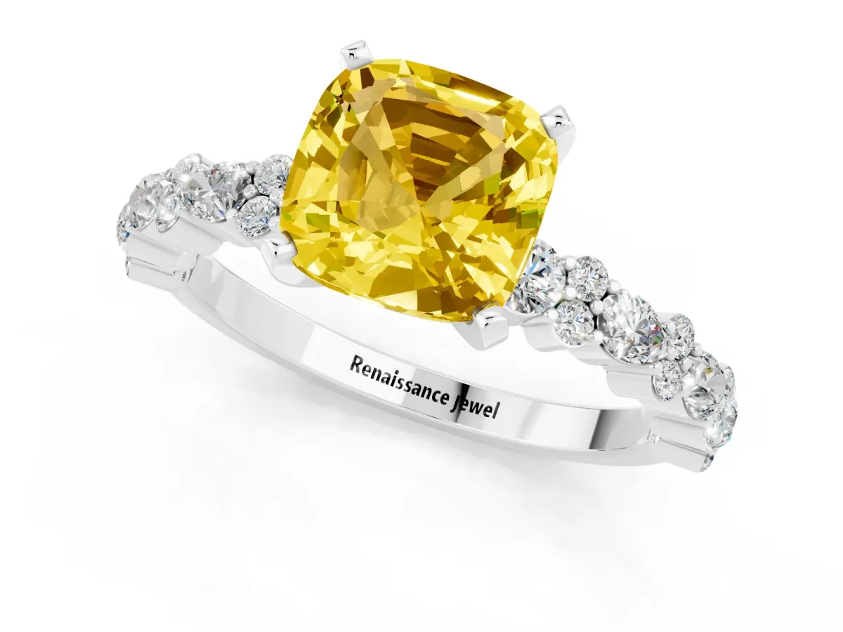Cushion Cut Yellow Sapphire Side Stone Solitaire Ring with Round and Four-Prong Setting Platinum