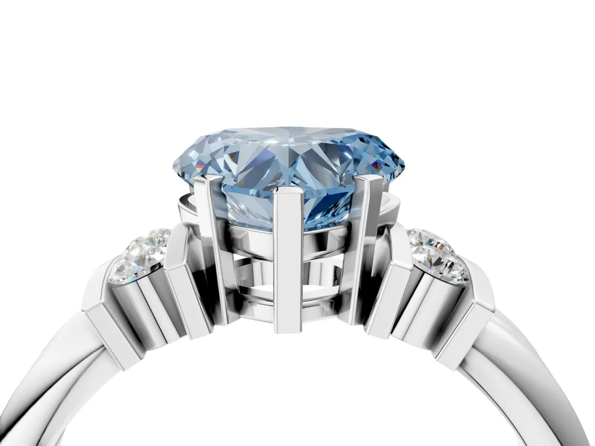 Fancy Blue Heart Cut Cut Three-Stone Channel Set Ring with Bar Prongs Platinum