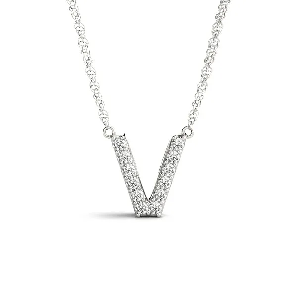 Pavé Round Diamond Letter V Initial Pendant Silver