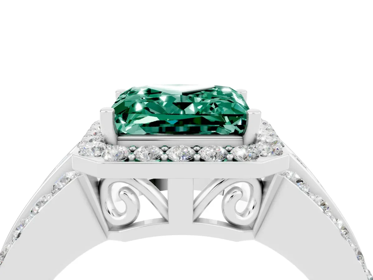Princess Cut Halo Green Sapphire Ring with Round Split Shank and Prong Setting Silver
