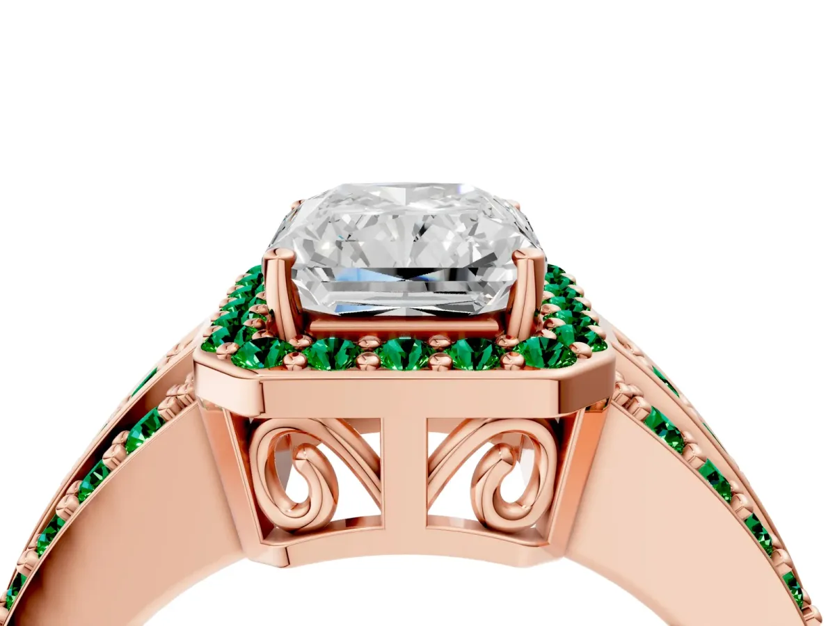 Radiant Cut Halo Diamond Ring with Round Emerald Split Shank and Prong Setting Rose gold