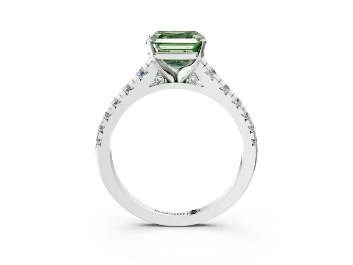Fancy Green Asscher Cut Diamond Cathedral Solitaire Ring with Round Pavé Band Platinum