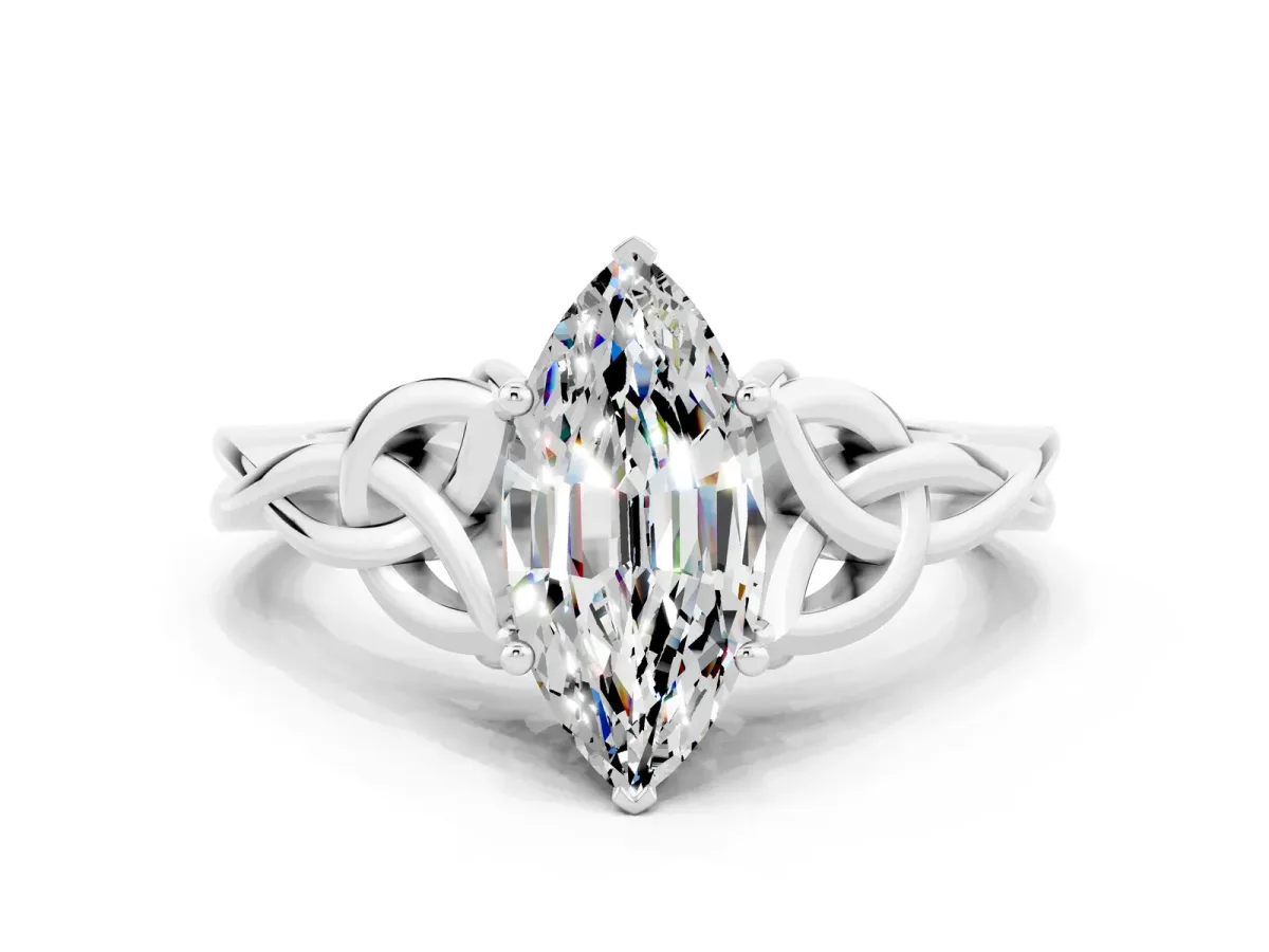 Marquise Cut Moissanite Solitaire Celtic Knot Ring with Four-Prong Setting White gold