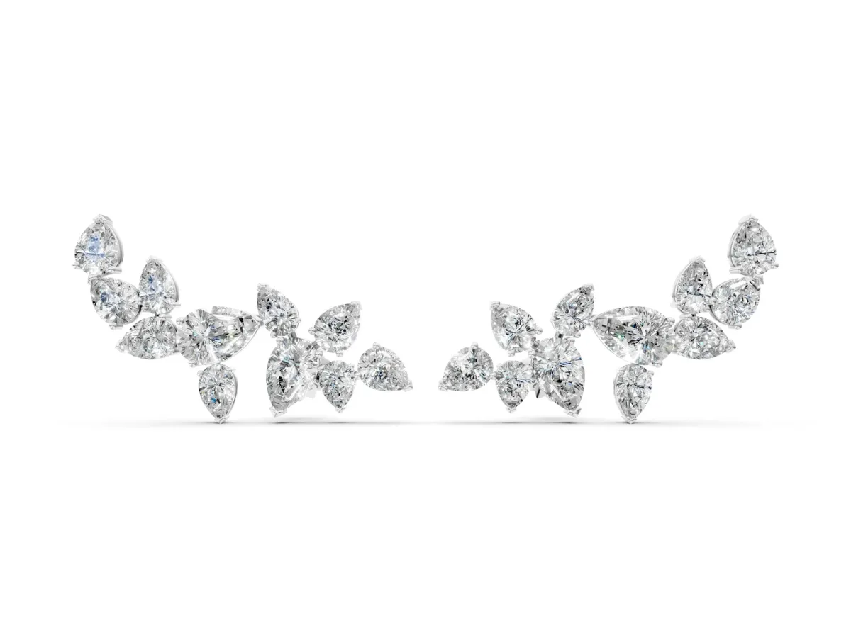 Pear Diamond Curved Cluster Climber Earrings White gold