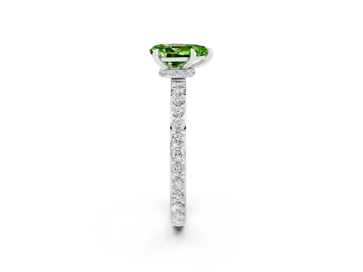 Pear Cut Peridot Solitaire Engagement Ring with Pavé Band and Four-Prong Setting Silver
