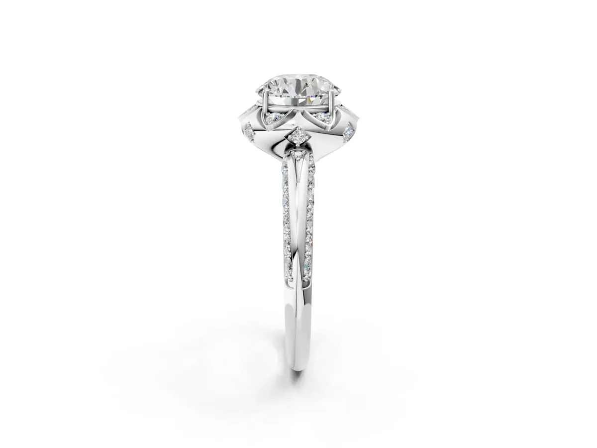 Round Cut Halo Split Shank Pave Diamond Ring with Petal Prong Setting Platinum