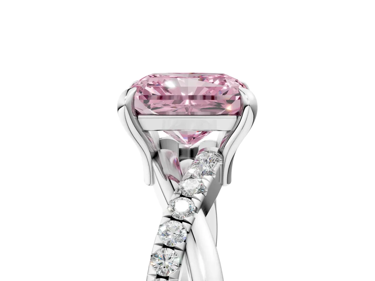 Fancy Pink Radiant Cut Cut Twist Band Solitaire Diamond Ring with Pavé Setting Platinum