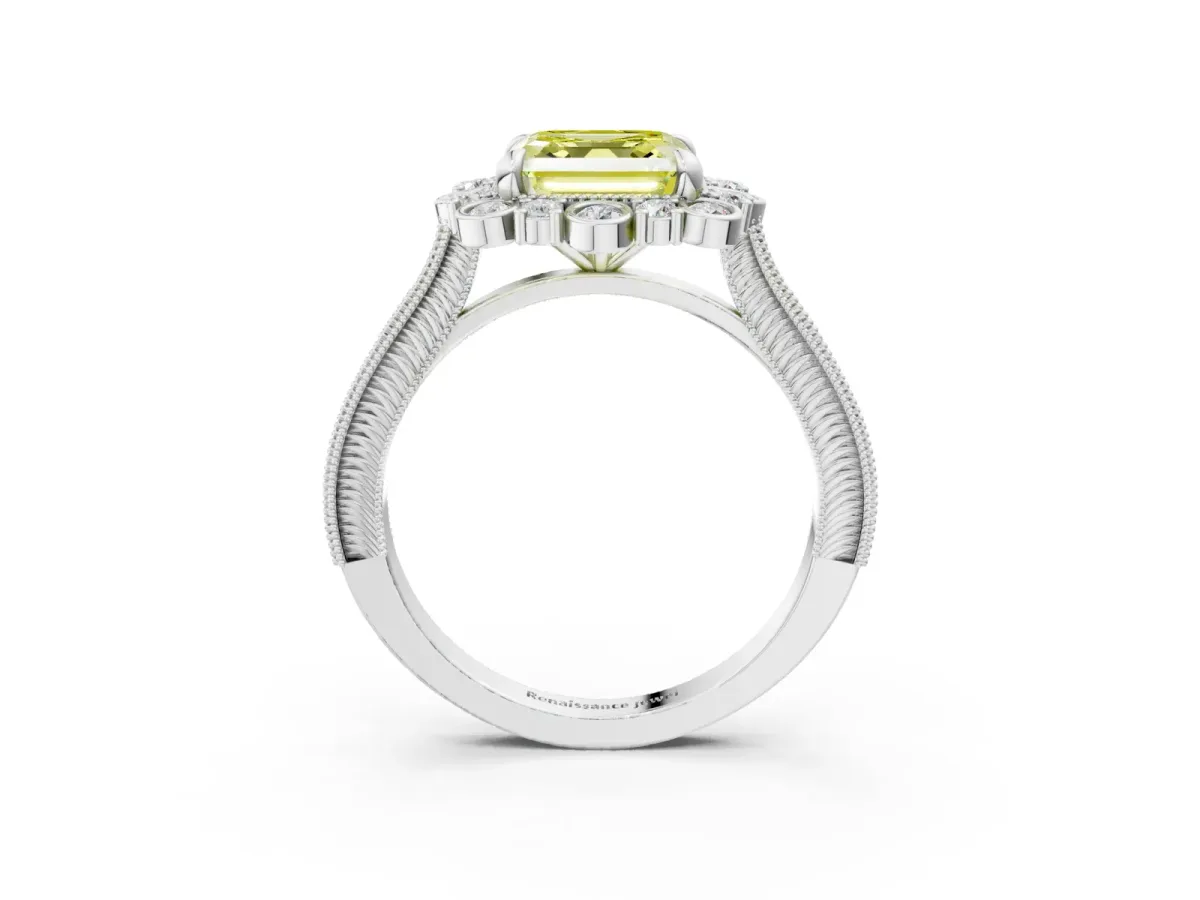 Fancy Yellow Asscher Cut Halo Milgrain Pave Diamond Ring with Four-Prong Setting Platinum