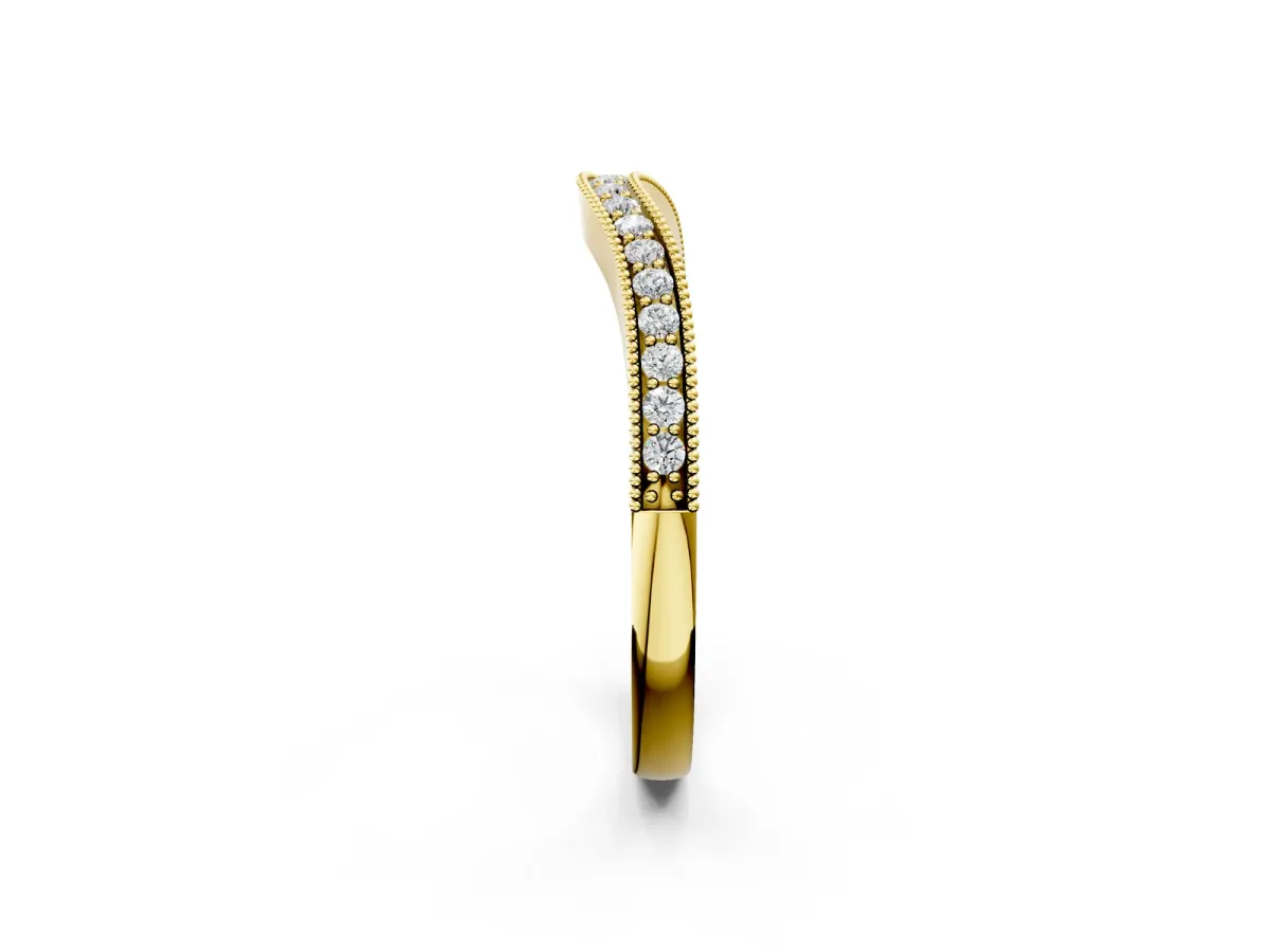 Pavé Round Diamond Curved Band with Milgrain Edge Yellow gold