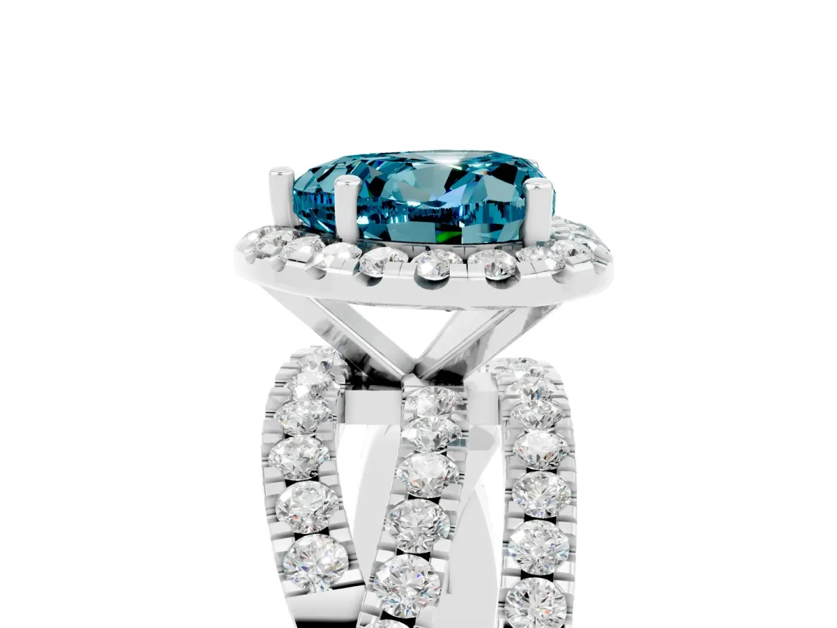 Heart Cut Blue Topaz Halo Ring with Round Split Shank and Prong Setting Platinum